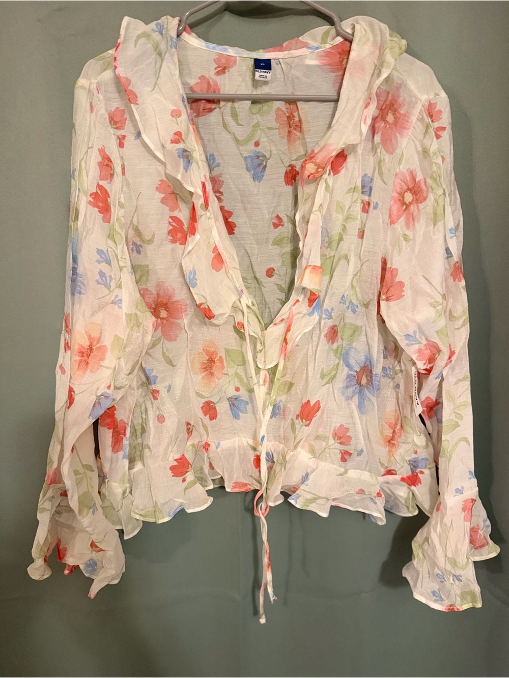 Old Navy White Sheer Floral Tie-Front Blouse with Coral and Blue Flowers